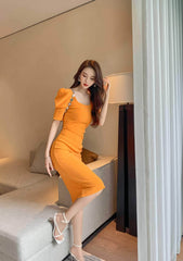Puff Sleeve Pleated Midi Cocktail Dress