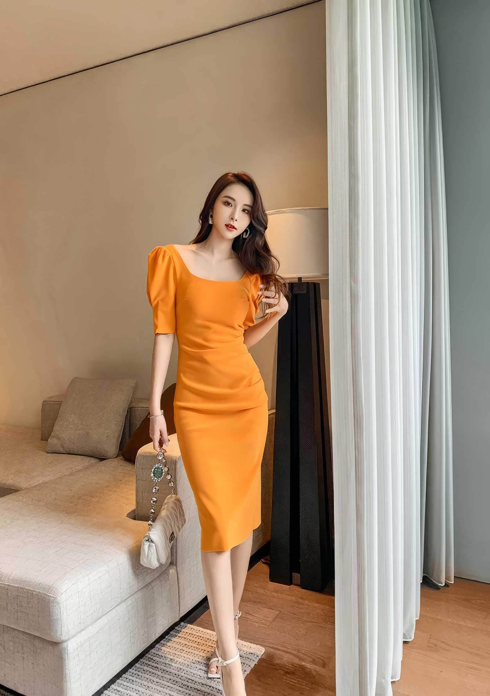 Puff Sleeve Pleated Midi Cocktail Dress