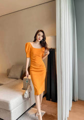 Puff Sleeve Pleated Midi Cocktail Dress