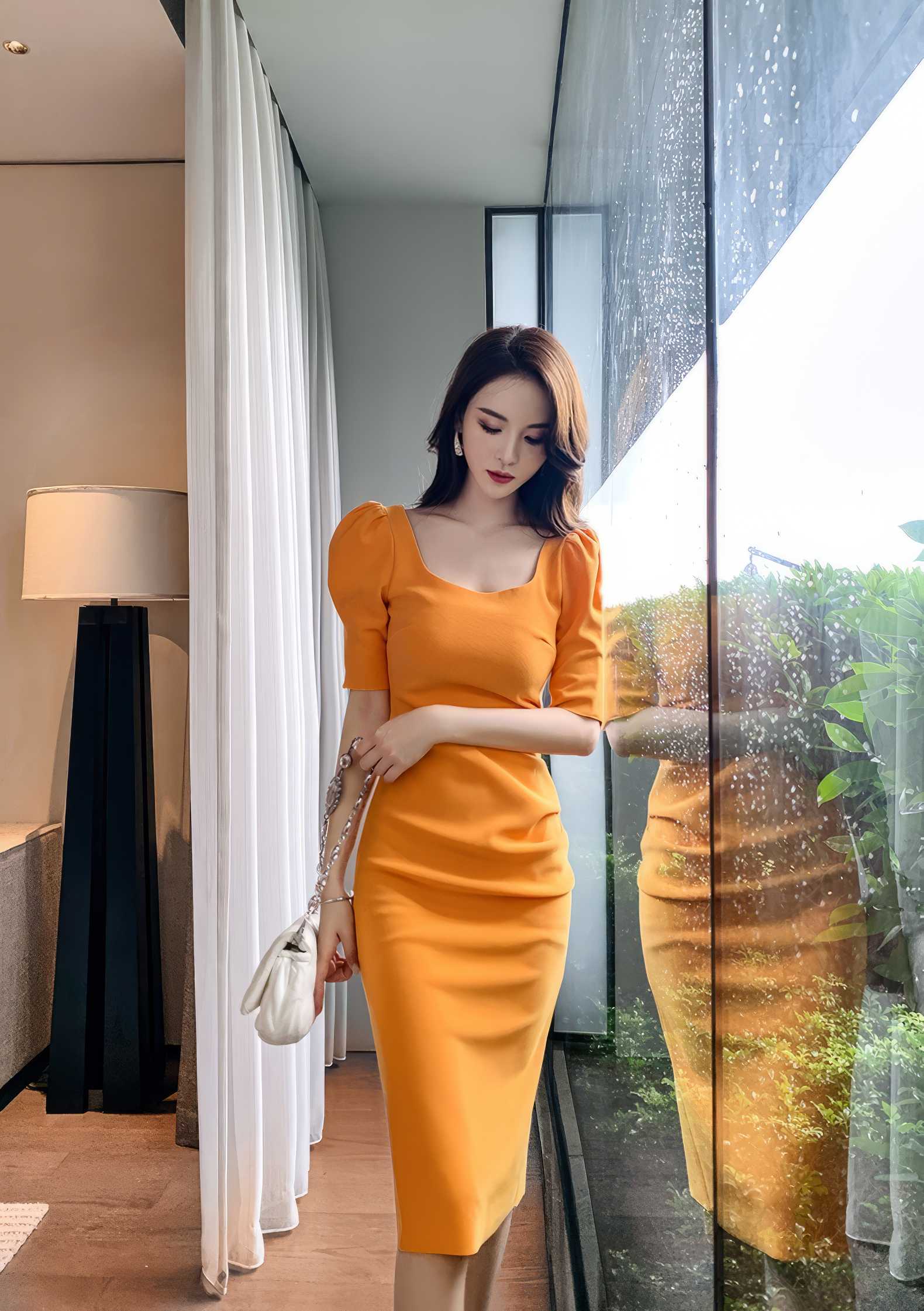 Puff Sleeve Pleated Midi Cocktail Dress