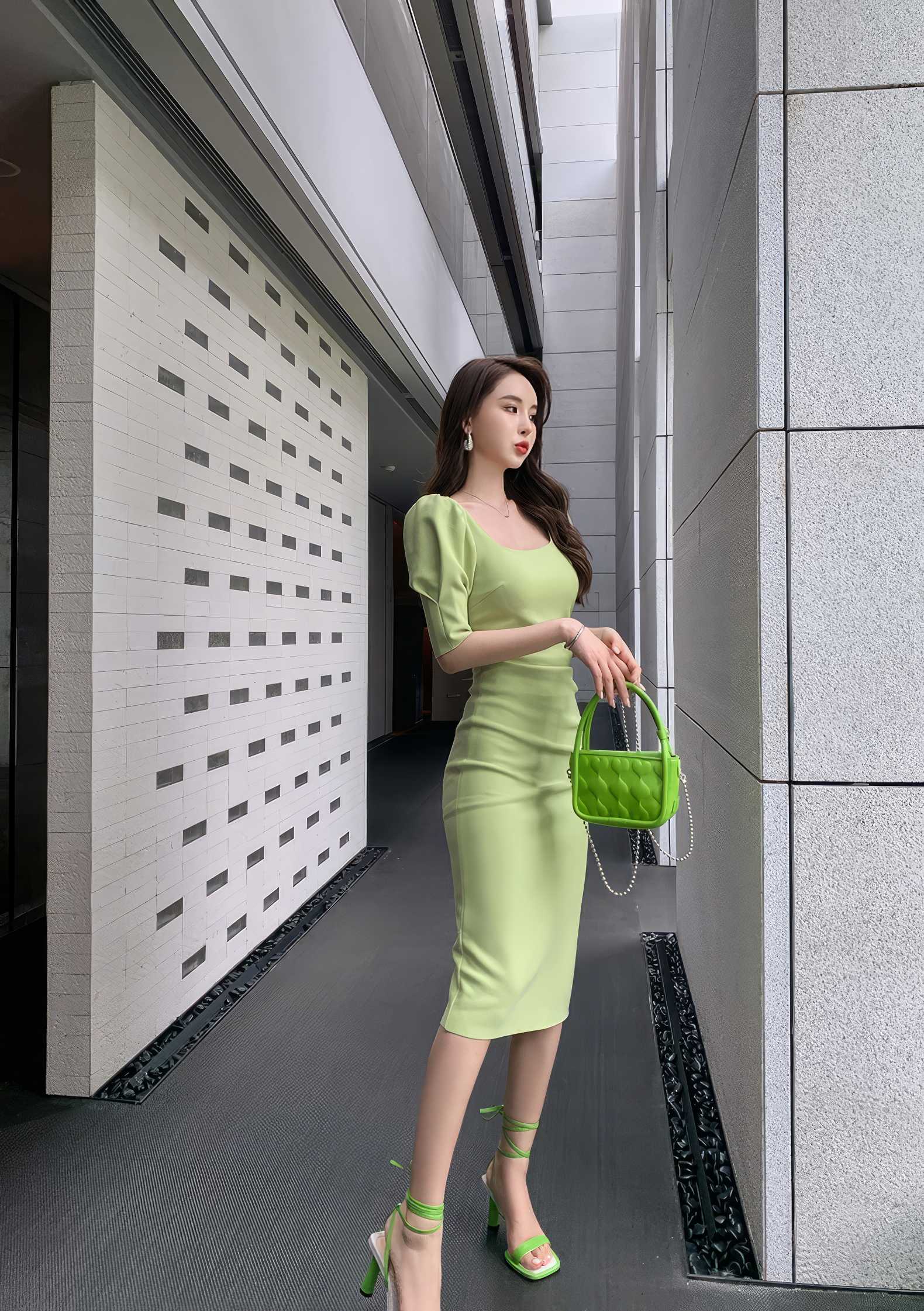 Puff Sleeve Pleated Midi Cocktail Dress