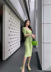 Puff Sleeve Pleated Midi Cocktail Dress