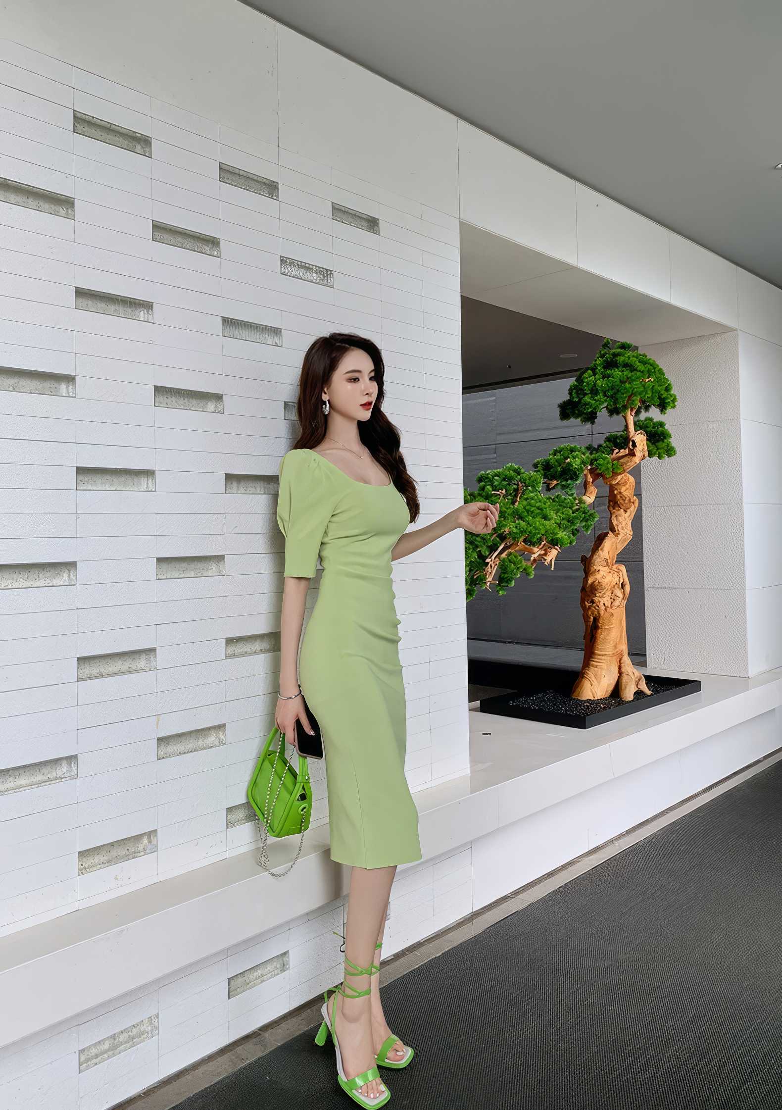 Puff Sleeve Pleated Midi Cocktail Dress