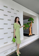 Puff Sleeve Pleated Midi Cocktail Dress