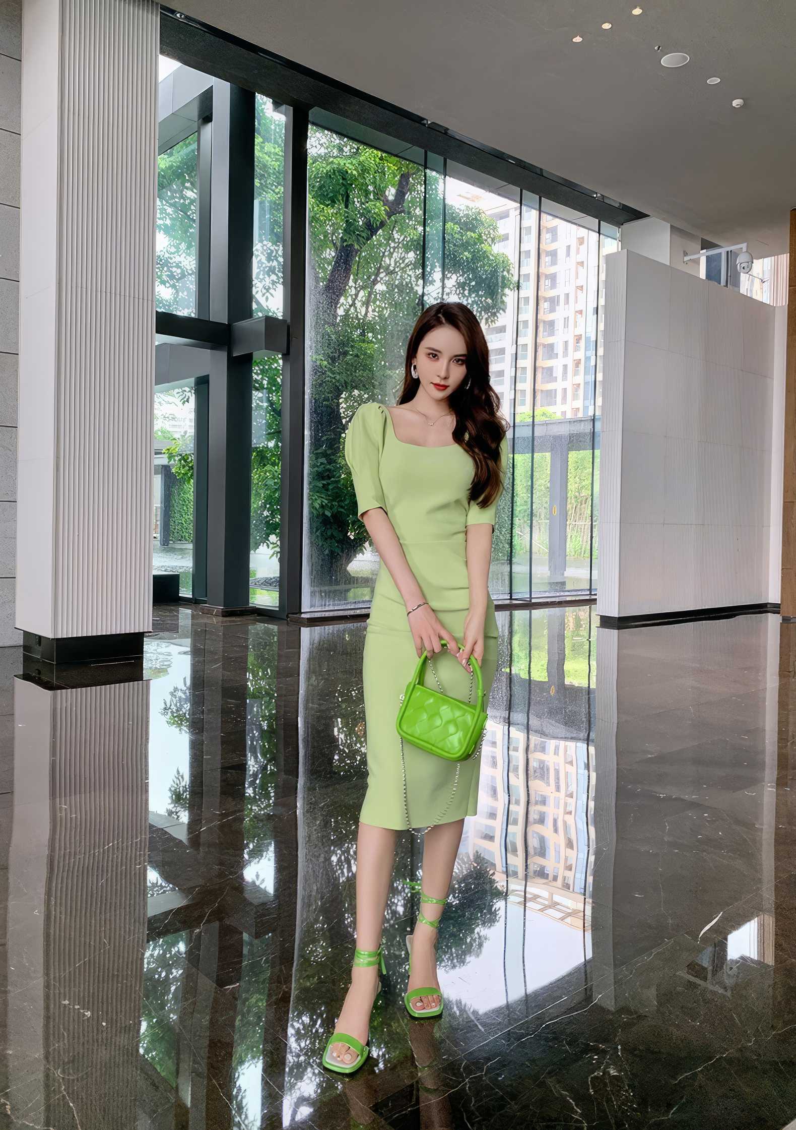 Puff Sleeve Pleated Midi Cocktail Dress