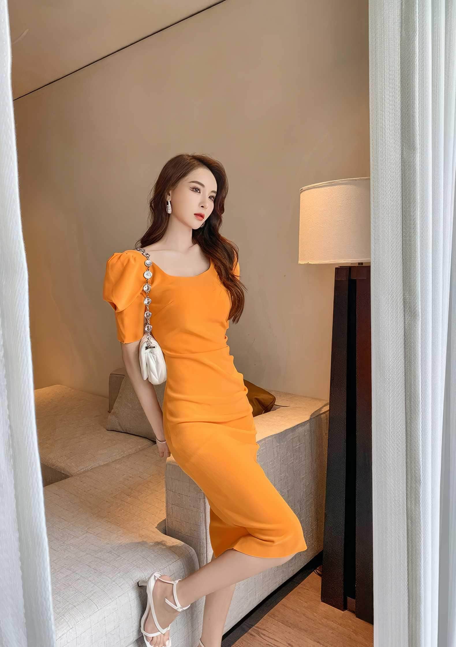 Puff Sleeve Pleated Midi Cocktail Dress