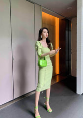 Puff Sleeve Pleated Midi Cocktail Dress