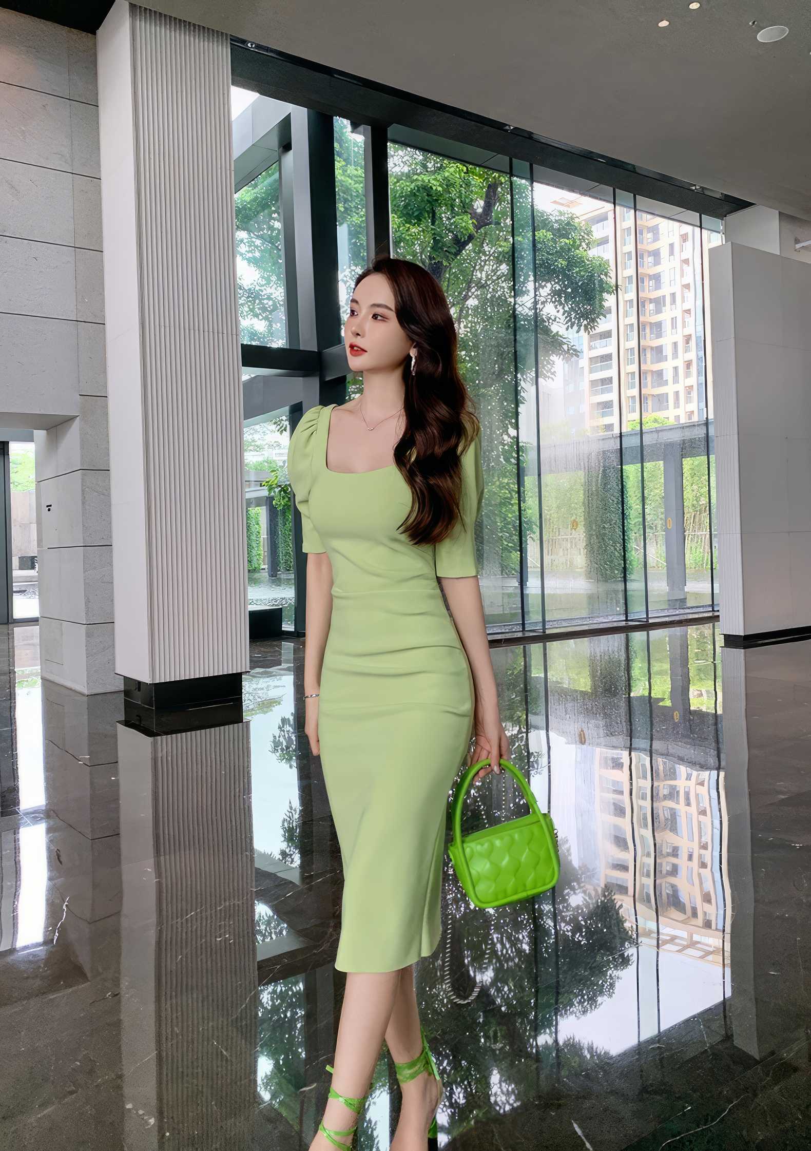 Puff Sleeve Pleated Midi Cocktail Dress