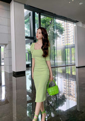 Puff Sleeve Pleated Midi Cocktail Dress