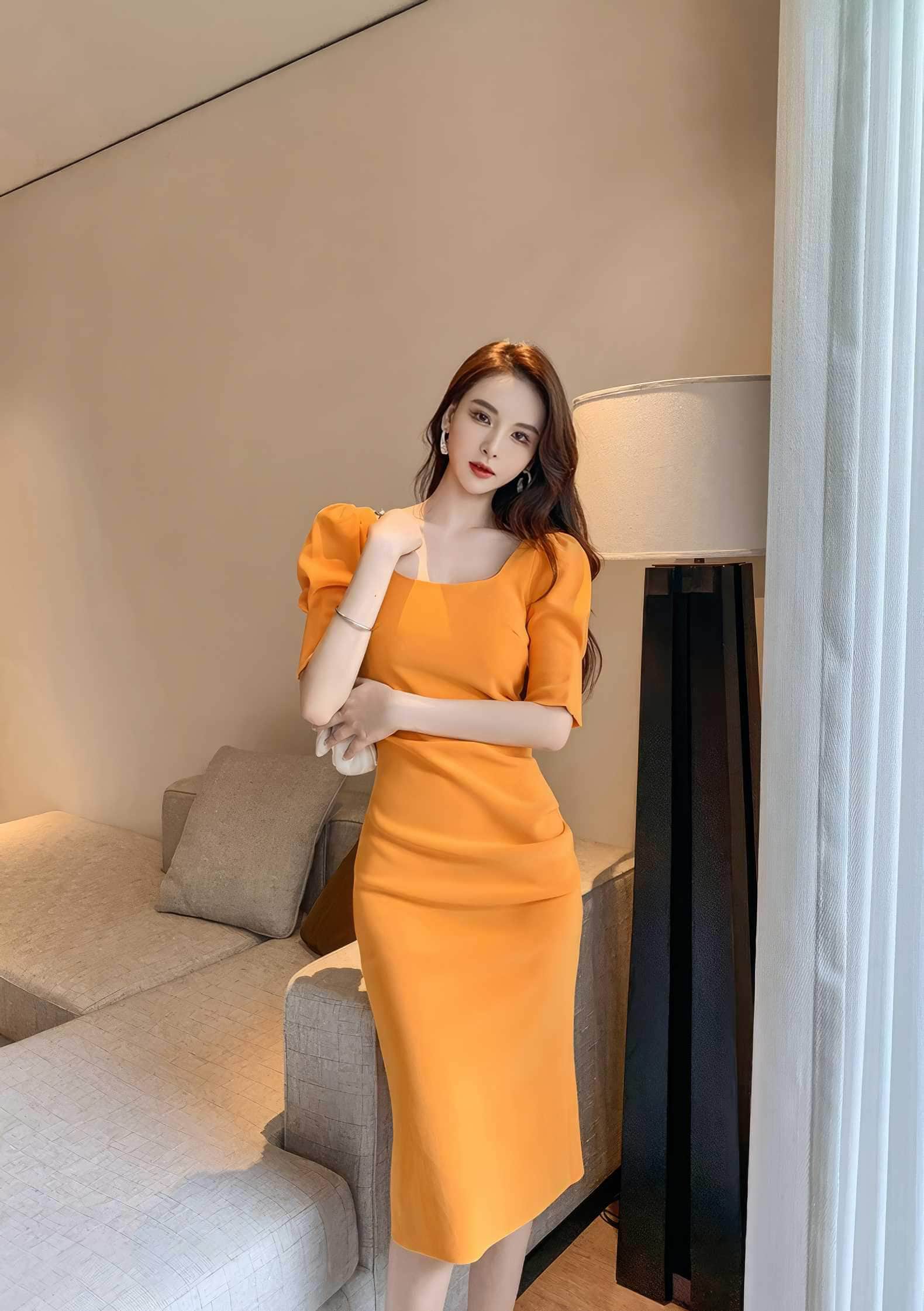 Puff Sleeve Pleated Midi Cocktail Dress S / Orange
