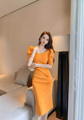 Puff Sleeve Pleated Midi Cocktail Dress S / Orange