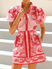 Puff Sleeve Printed Top and Skirt Set