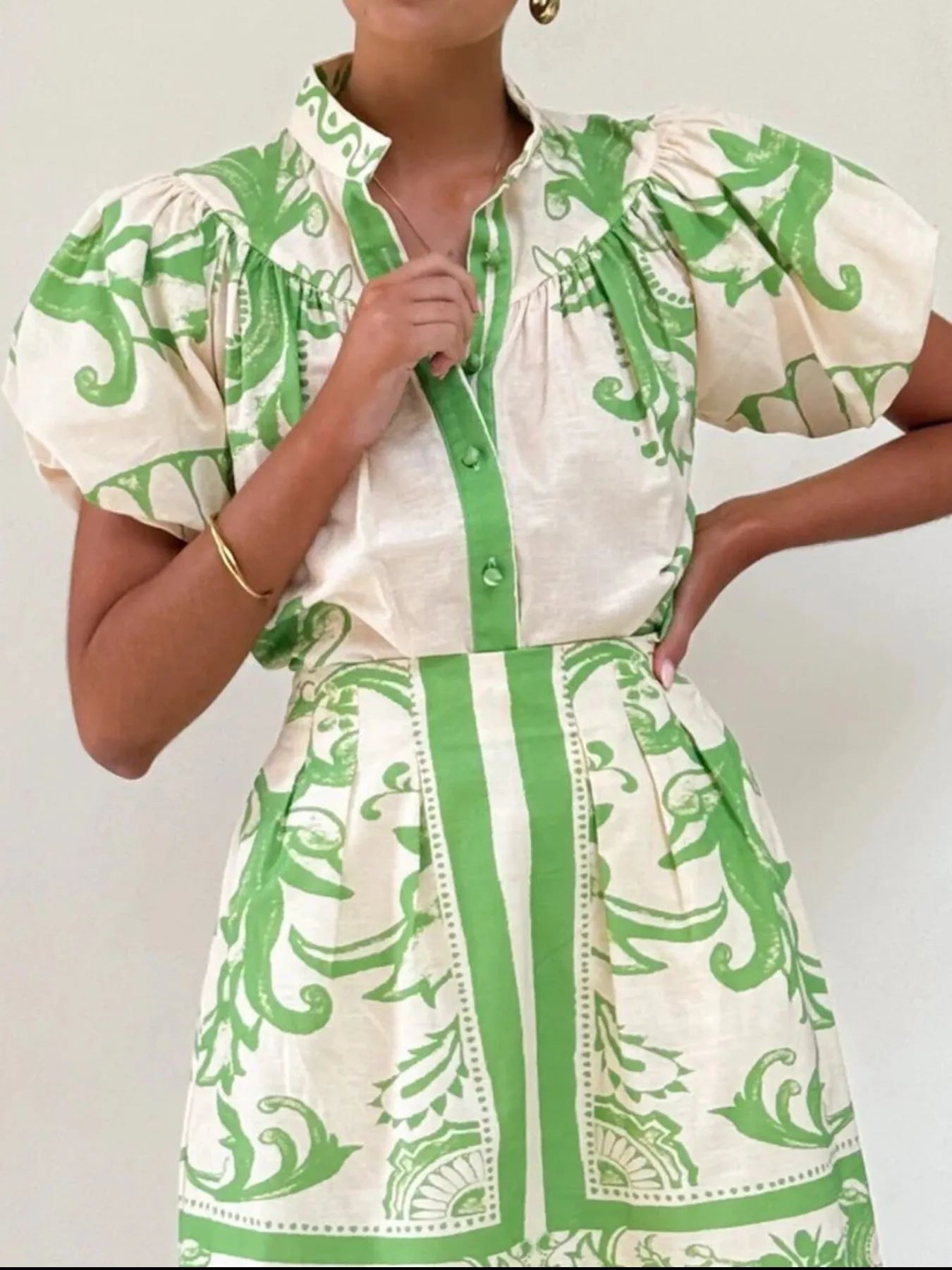 Puff Sleeve Printed Top and Skirt Set