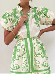 Puff Sleeve Printed Top and Skirt Set