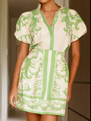 Puff Sleeve Printed Top and Skirt Set