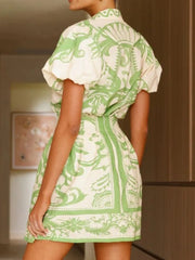 Puff Sleeve Printed Top and Skirt Set