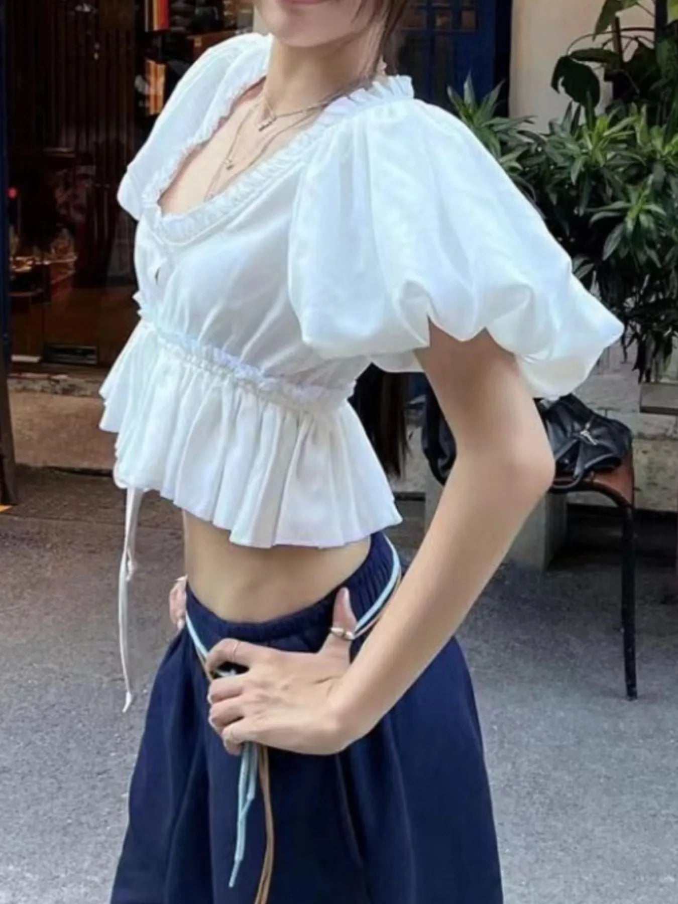 Puff Sleeve Ruffle Crop Blouse