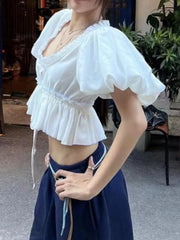 Puff Sleeve Ruffle Crop Blouse