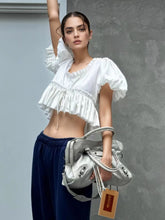 Puff Sleeve Ruffle Crop Blouse White / S