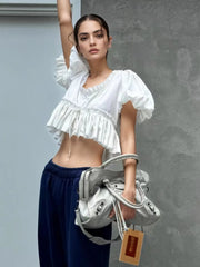 Puff Sleeve Ruffle Crop Blouse White / S