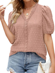 Puff Sleeve Swiss Dot Lace Trim Blouse