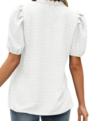 Puff Sleeve Swiss Dot Lace Trim Blouse