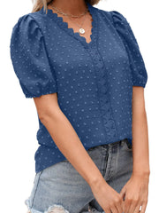 Puff Sleeve Swiss Dot Lace Trim Blouse