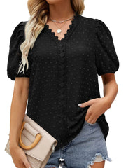 Puff Sleeve Swiss Dot Lace Trim Blouse