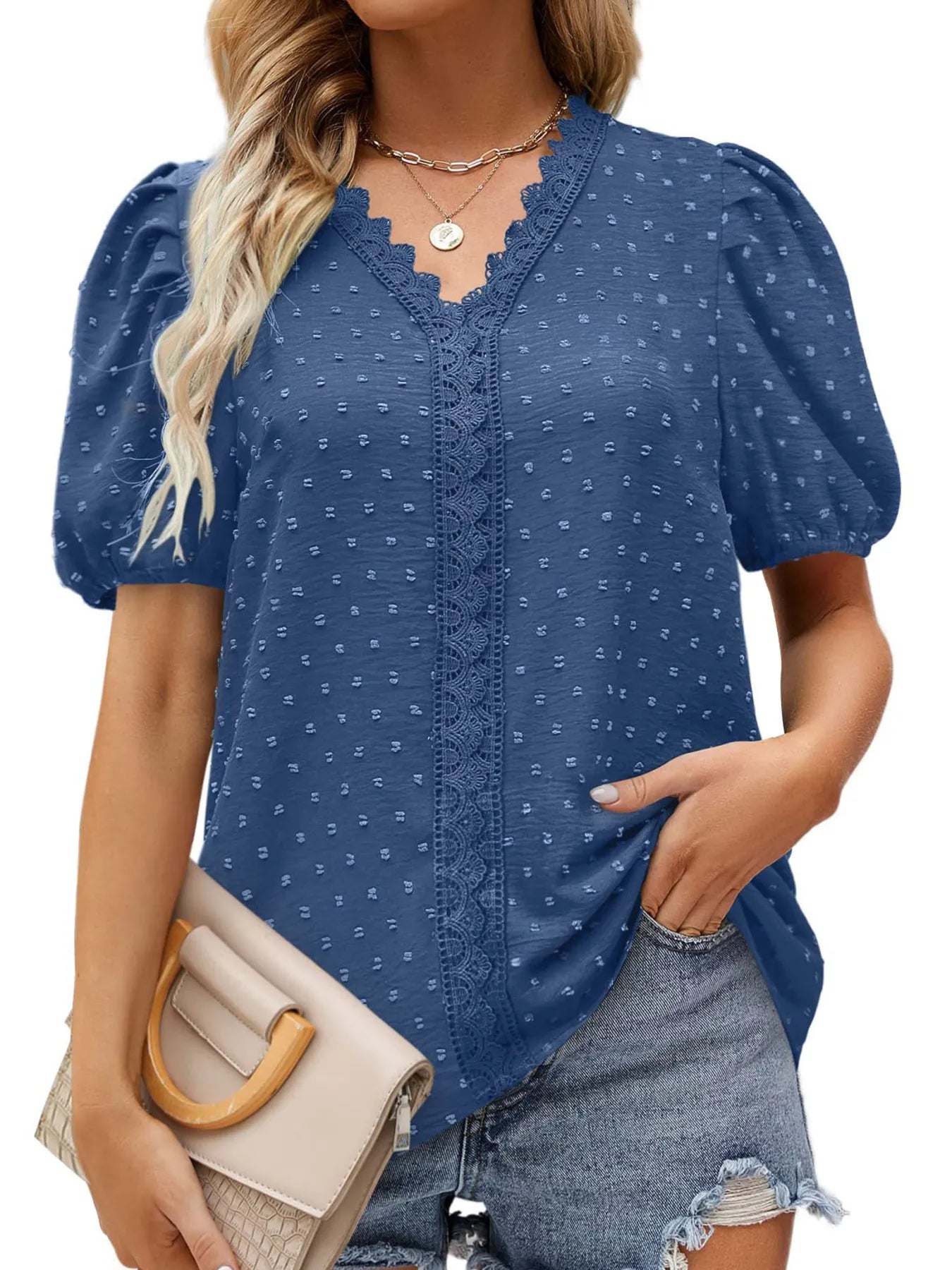 Puff Sleeve Swiss Dot Lace Trim Blouse Blue / S