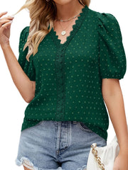 Puff Sleeve Swiss Dot Lace Trim Blouse Dark Green / S