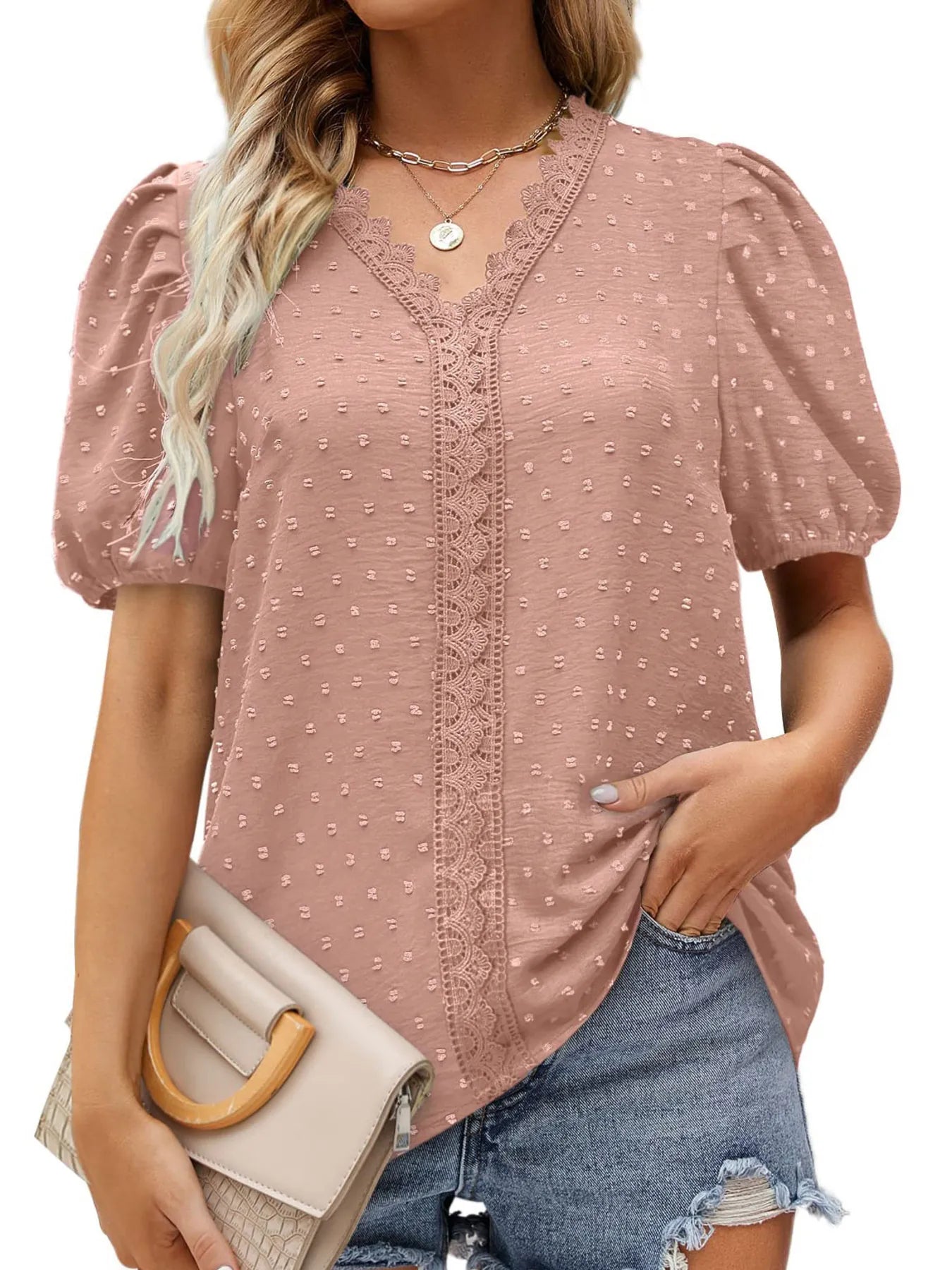 Puff Sleeve Swiss Dot Lace Trim Blouse Dusty Pink / S