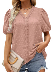 Puff Sleeve Swiss Dot Lace Trim Blouse Dusty Pink / S
