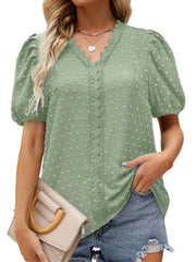 Puff Sleeve Swiss Dot Lace Trim Blouse Green / S