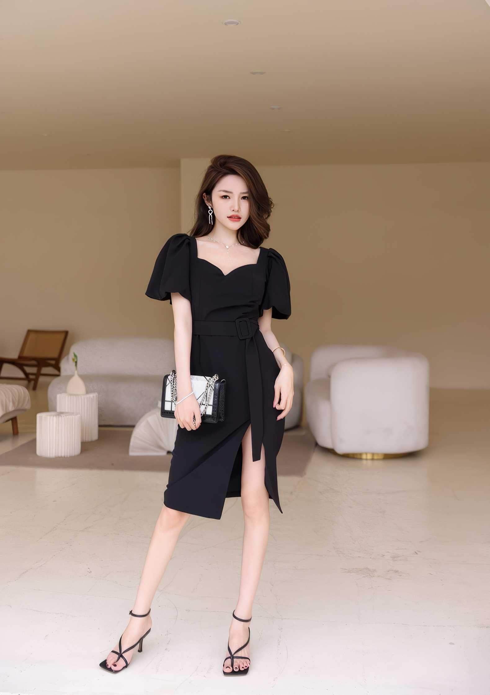 Puff Sleeves Belted High Slit Dress