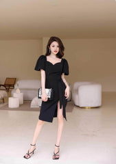 Puff Sleeves Belted High Slit Dress