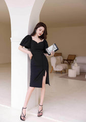Puff Sleeves Belted High Slit Dress