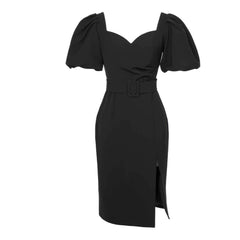 Puff Sleeves Belted High Slit Dress