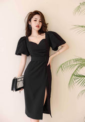 Puff Sleeves Belted High Slit Dress