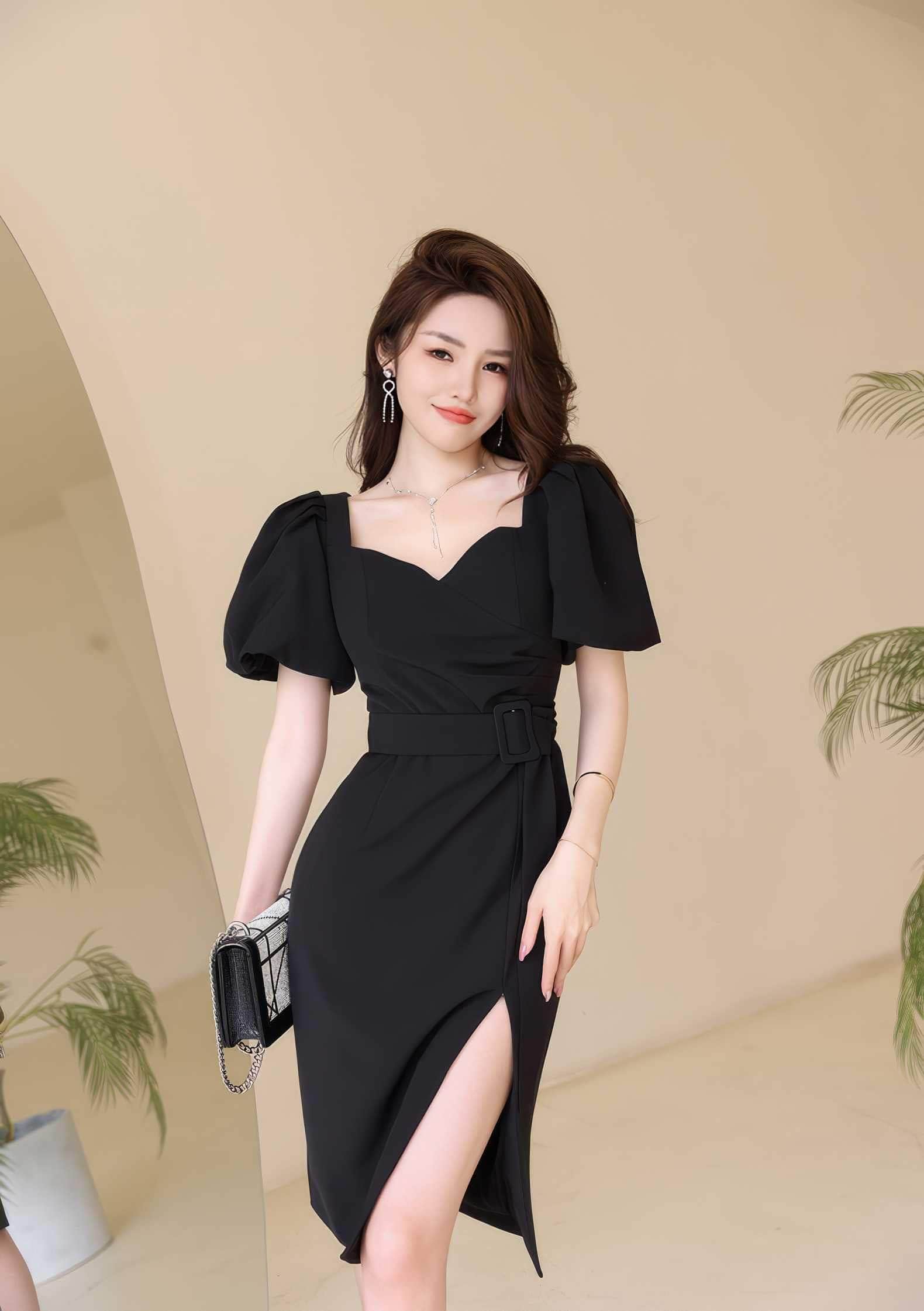 Puff Sleeves Belted High Slit Dress