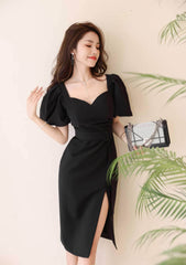 Puff Sleeves Belted High Slit Dress