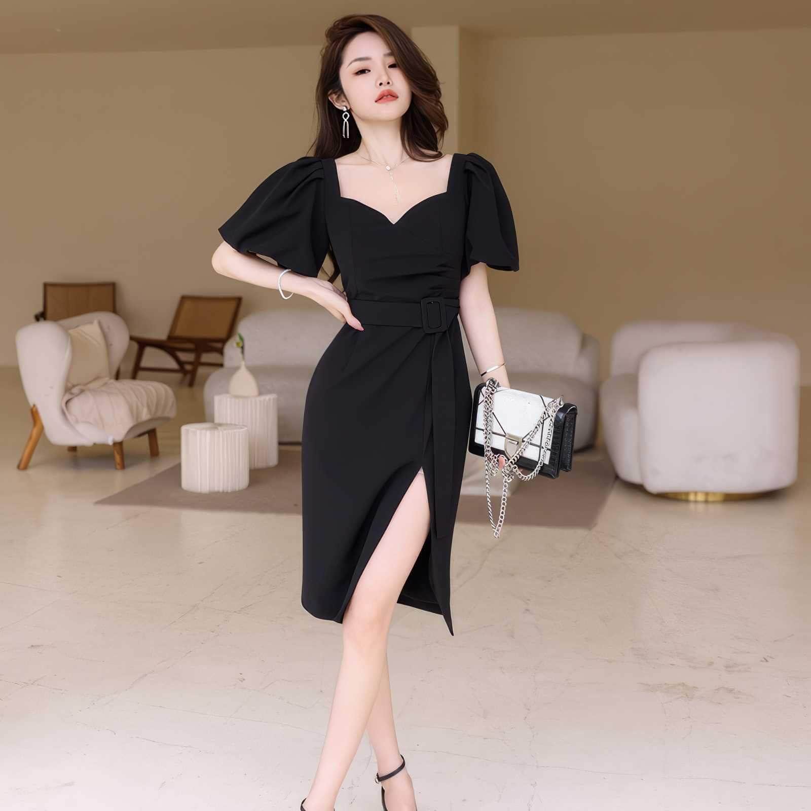 Puff Sleeves Belted High Slit Dress