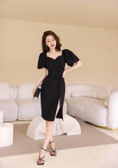 Puff Sleeves Belted High Slit Dress