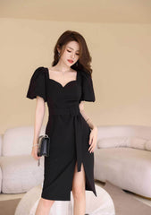 Puff Sleeves Belted High Slit Dress