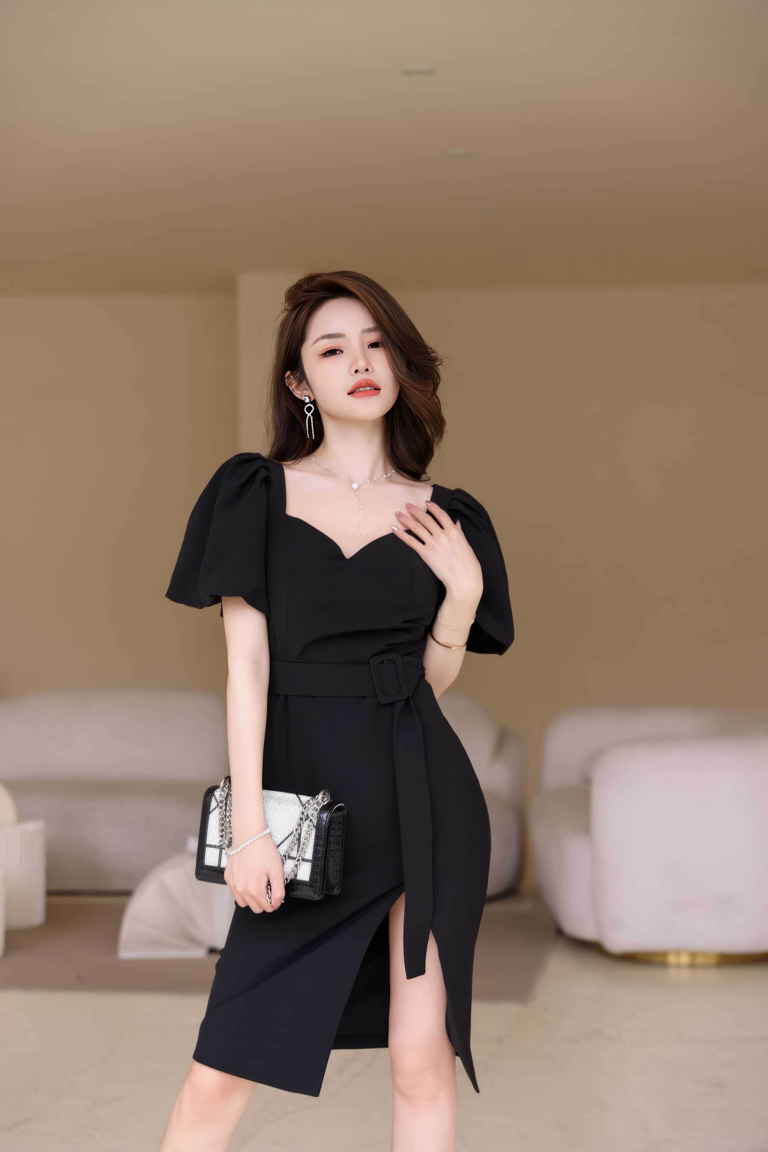 Puff Sleeves Belted High Slit Dress