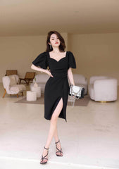Puff Sleeves Belted High Slit Dress S / Black