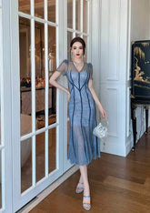 Puff Sleeves Lace Mermaid Midi Dress S / CornflowerBlue