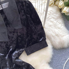 Puff Sleeves Scarf Neck Accent Velvet Dress