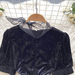 Puff Sleeves Scarf Neck Accent Velvet Dress