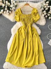 Puff Sleeves Square Neck Ruffled Bust Midi Dress MAX SIZE / Yellow
