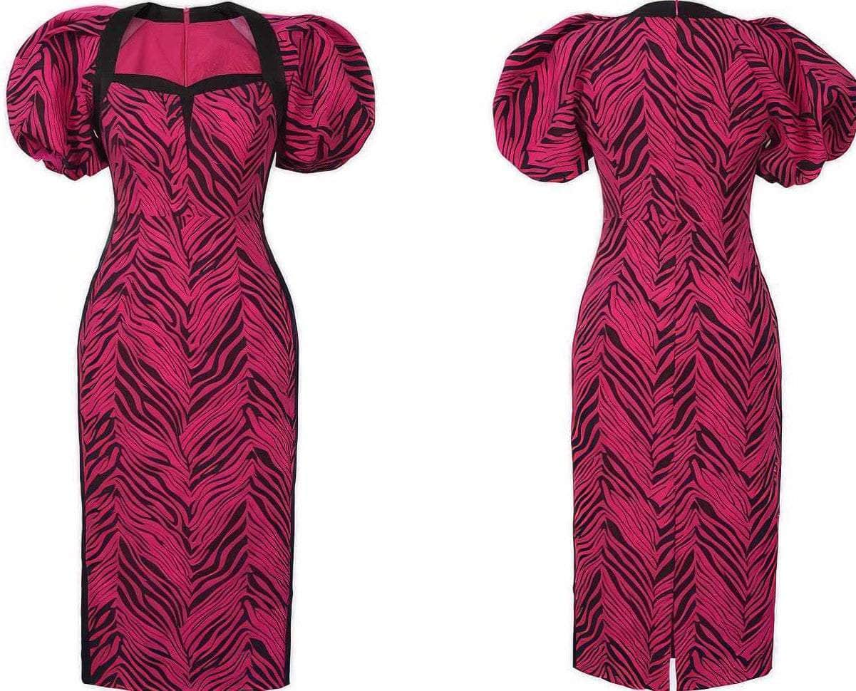 Puffy Sleeves Animal Print Midi Column Dress